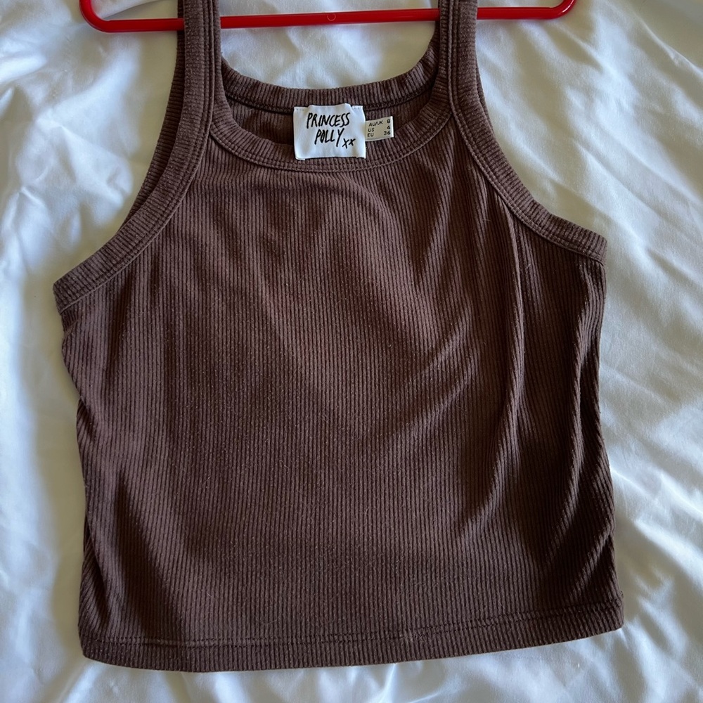 Princess Polly brown ribbed crop tank top